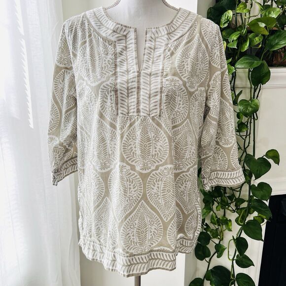 Gretchen Scott 100% Cotton Leaf Print Tunic Blouse Earthy Boho Vegan Natural Lg - Picture 1 of 8